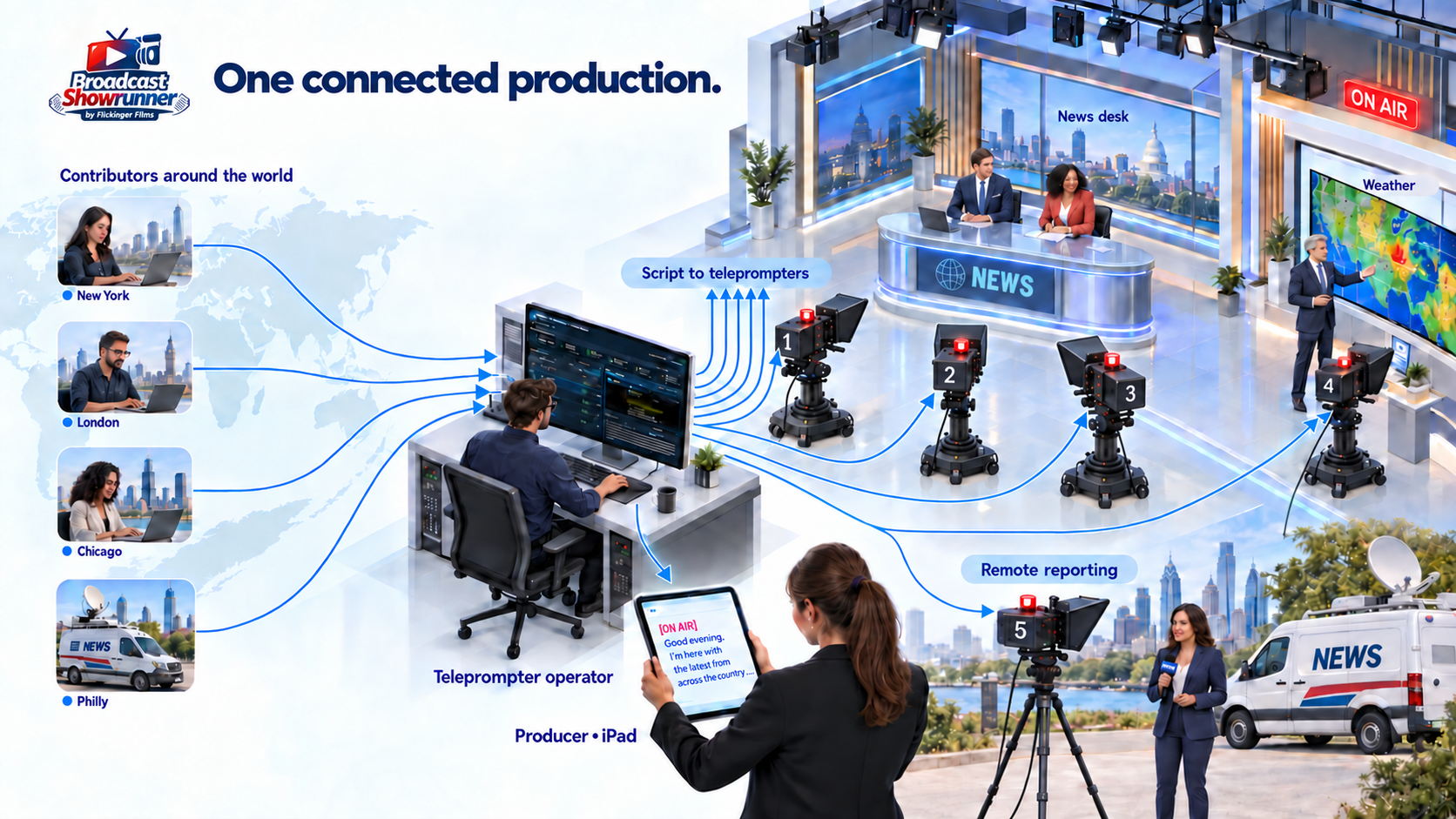 Worldwide contributors connect to a studio operator, who distributes scripts to three news-desk teleprompters, a weather teleprompter, a field reporter teleprompter, and a producer’s iPad.